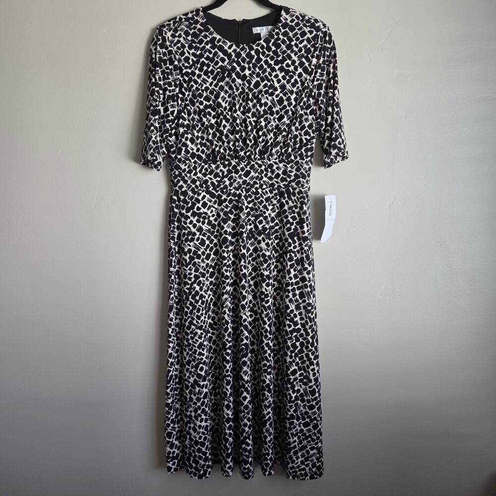 NWT London Times Black & White Abstract Geometric Fit & Flare Midi Dress SZ 4